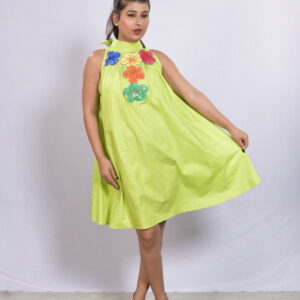 Lime Green Boho Cotton Dress with Multicolour Floral Appliqué