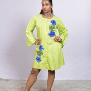 Lime Green Cotton Shirt Dress with Blue Floral Appliqué