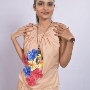 Peach Boho Cotton Dress with Colorful Floral Detailing