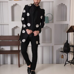 Black Floral Embroidered Long Jacket Kurta Set